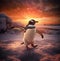 playful penguin.Penguin in action at sunset. AI generated