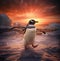 playful penguin.Penguin in action at sunset. AI generated