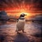 playful penguin.Penguin in action at sunset. AI generated