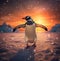 playful penguin.Penguin in action at sunset. AI generated