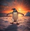 playful penguin.Penguin in action at sunset. AI generated