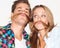 Playful, portrait and couple with hair mustaches being funny, comic and quirky together in a studio. Crazy, young and a