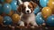 A playful puppy with a birthday hat, surrounded by balloons, eagerly awaiting