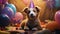 A playful puppy with a birthday hat, surrounded by balloons, eagerly awaiting its special cake