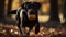 Playful puppy catching ball in autumn sunlight, Labrador portrait outdoors generated by AI