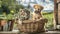 A playful puppy and a curious kitten happily sit inside a cozy basket, gazing out in wonder