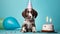 A playful puppy wearing a birthday hat with a cake in front of it