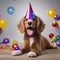 A playful puppy wearing a party hat and chasing bubbles1