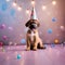 A playful puppy wearing a party hat and chasing bubbles5