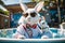 A Playful Rabbit in Sunglasses Relaxing in a Hot Tub with Bubbles