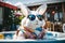 A Playful Rabbit in Sunglasses Relaxing in a Hot Tub with Bubbles