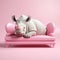 Playful Rhinoceros: A Humorous And Realistic Portrayal On A Pink Couch