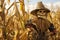Playful Scarecrow Guarding Thriving Corn Crop With Diligence. Generative AI