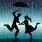 playful scene with a silhouette of a man and woman dancing in the rain.