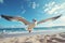 Playful seagulls soaring against a blue sky. Generative ai