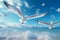 Playful seagulls soaring against a blue sky. Generative ai