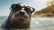 Playful seal leaps onto the beach, sporting stylish sunglasses, a splash of coastal coolness, Ai Generated