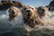 Playful Seals Leaping in Foamy Waves at Rocky Coastline