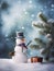 Playful Snowman in Winter Wonderland: Delightful Photo with Humorous Grin, Colorful Accessories, and Beautifully Wrapped Gift Box