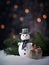 Playful Snowman in Winter Wonderland: Delightful Photo with Humorous Grin, Colorful Accessories, and Beautifully Wrapped Gift Box