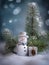 Playful Snowman in Winter Wonderland: Delightful Photo with Humorous Grin, Colorful Accessories, and Beautifully Wrapped Gift Box