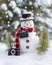 Playful Snowman in Winter Wonderland: Delightful Photo with Humorous Grin, Colorful Accessories, and Beautifully Wrapped Gift Box