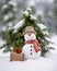 Playful Snowman in Winter Wonderland: Delightful Photo with Humorous Grin, Colorful Accessories, and Beautifully Wrapped Gift Box