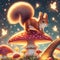 A playful squirrel on a mushroom, in cute pose, with fluffy tail, twinkling fireflies arounds, cartoon, digital anime art