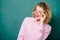 Playful teacher. Woman school teacher shy and pretty lady wear eyeglasses chalkboard background. Adorable nerd. Smart