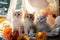 Playful Trio: Fluffy Kittens Enjoying Yarn Ball on Green Carpeted Floor