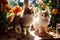 Playful Trio: Fluffy Kittens Enjoying Yarn Ball on Green Carpeted Floor