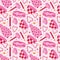 Playful utensil seamless pattern with doodle in pinkcolor. Romantic print with colorful pottery, hand-made ceramics