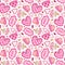 Playful utensil seamless pattern with doodle in pinkcolor. Romantic print with colorful pottery, hand-made ceramics