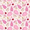 Playful utensil seamless pattern with doodle in pinkcolor. Romantic print with colorful pottery, hand-made ceramics