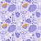 Playful utensil seamless pattern with doodle in purple color. Romantic print with colorful pottery, hand-made ceramics