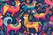 Playful and vibrant wallpaper pattern of whimsical creatures such as grinning cats, dancing llamas