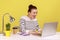 Playful woman office worker in striped shirt showing tongue out expressing positive childish emotion