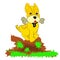 Playful yellow dog, bone in the teeth, cartoon on a white background.