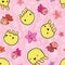 Playful yellow jellyfish and pink starfish playing.Seamless vector pattern on pink background with transparent bubble