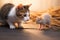 Playful young cat and curious rat create an amusing household scene