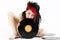 Playful young woman holding vinyl - isolated studio portrait