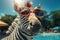 Playful zebra as a relaxed tourist, with oversized orange sunglasses, with poolside scene on background