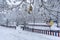 Playground in a beautiful snowy park in Madrid, Spain in 2021