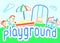 Playground cartoon card with seesaw, swing, sandbox