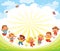 Playground. Children happily jump on the flower field. Template for advertising brochure