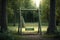 a playground with an empty swing set, surrounded by tall trees and lush greenery