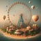 A playground with ferris wheel, roller coaster, carousel, air ballons, beautiful and fun scene, dreamlike, funland, design, art