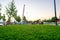 Playground and slides for children in Haskoy public park and Turkish people in their leisure time in summer with bright air