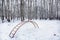 Playground among tall trees under the snow. ladder covered with