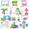Playground vector kids park to play swing slide outdoor for fun illustration set of carousel swinging leisure equipment